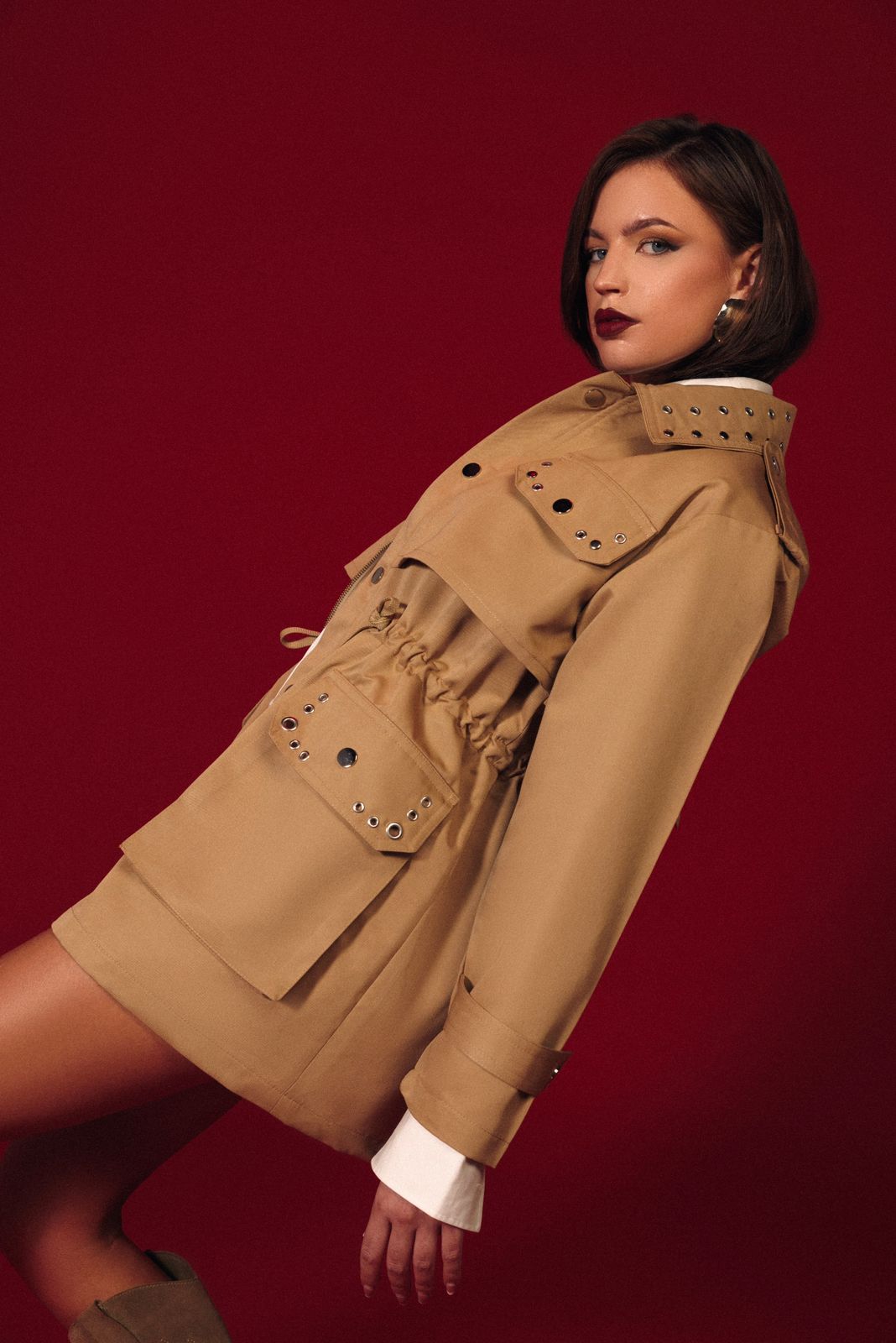 Trench x Barn Jacket with Silver Rivets & Studded Collar