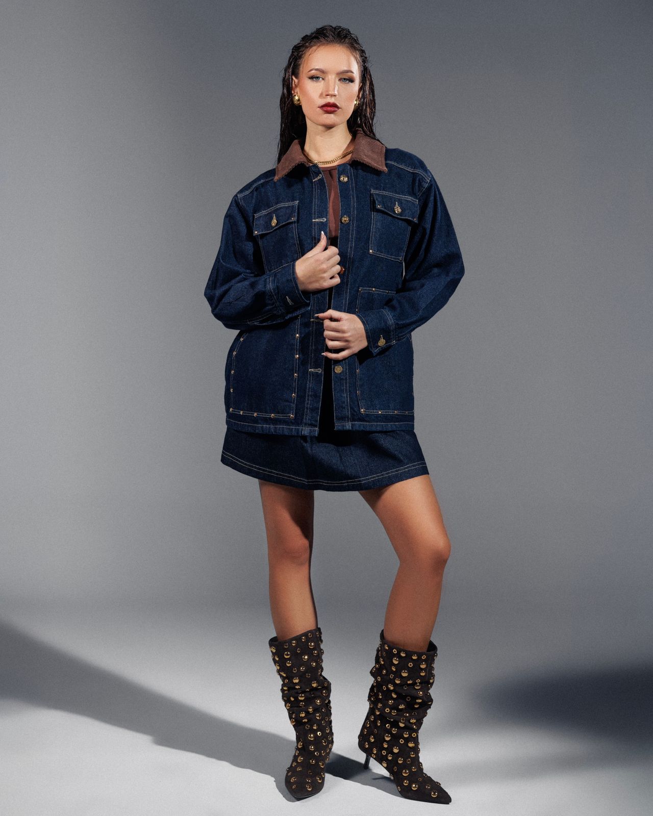 Edgy Denim Barn Jacket with Gold Studs & Brown Velvet Collar