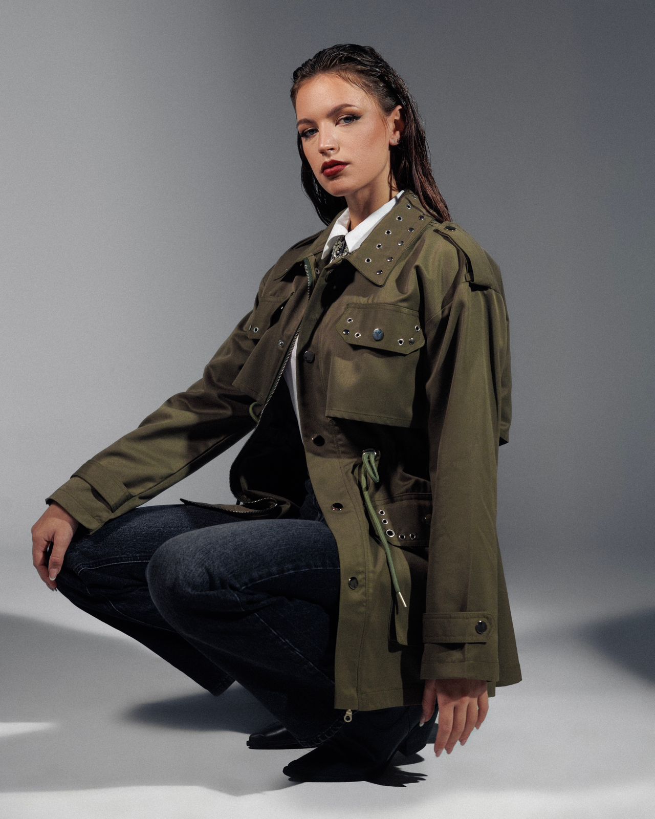 Trench x Barn Jacket with Silver Rivets & Studded Collar