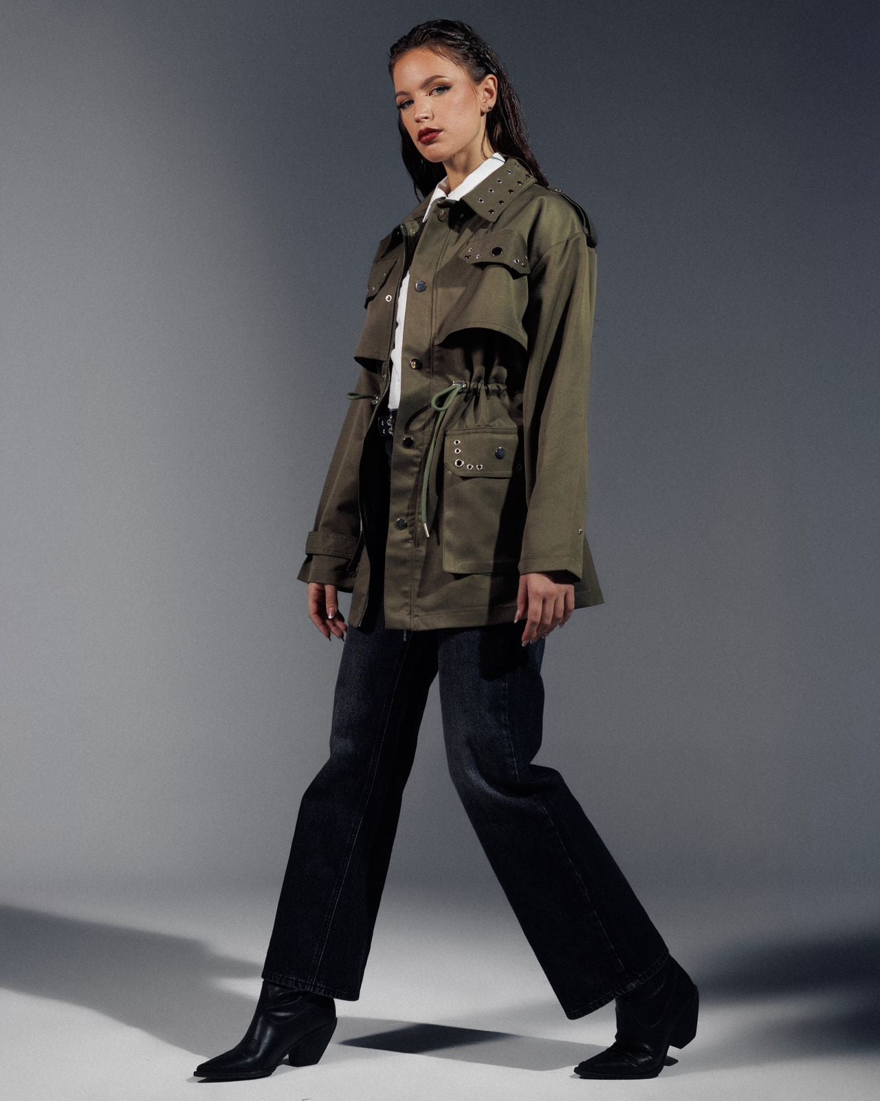 Trench x Barn Jacket with Silver Rivets & Studded Collar