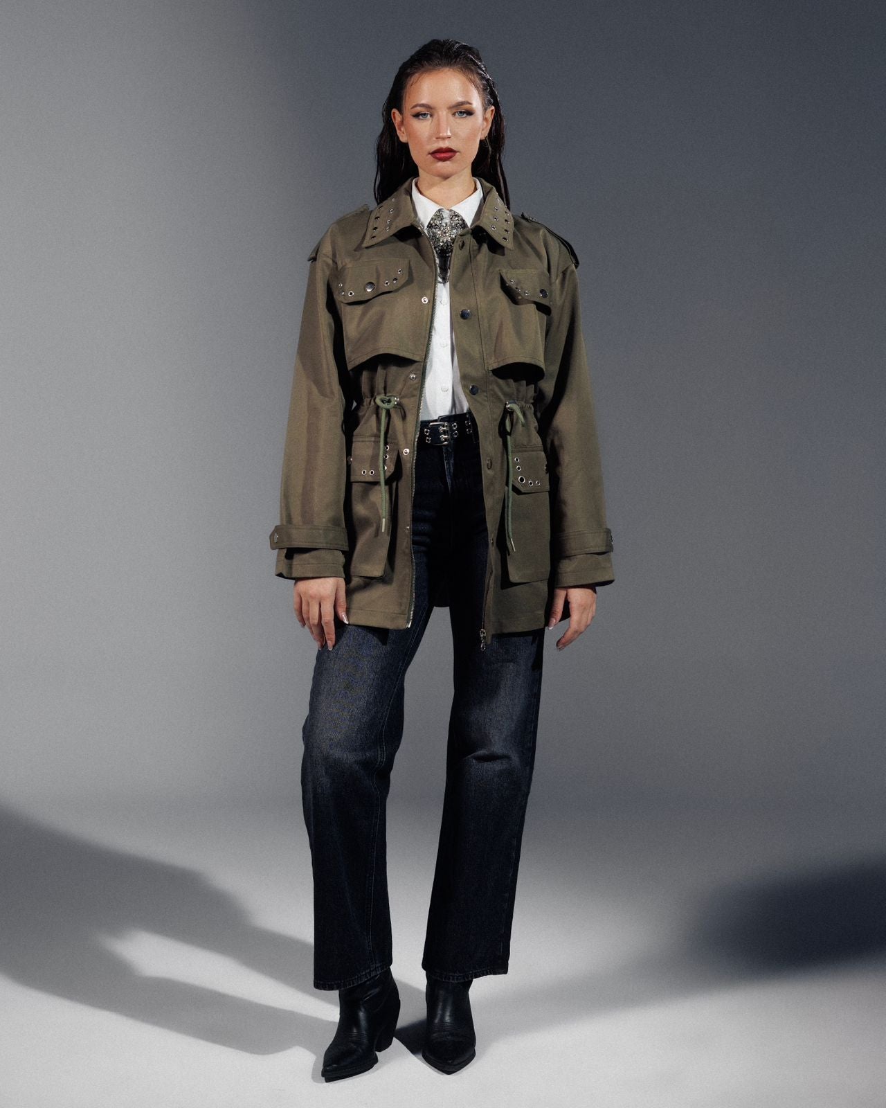 Trench x Barn Jacket with Silver Rivets & Studded Collar