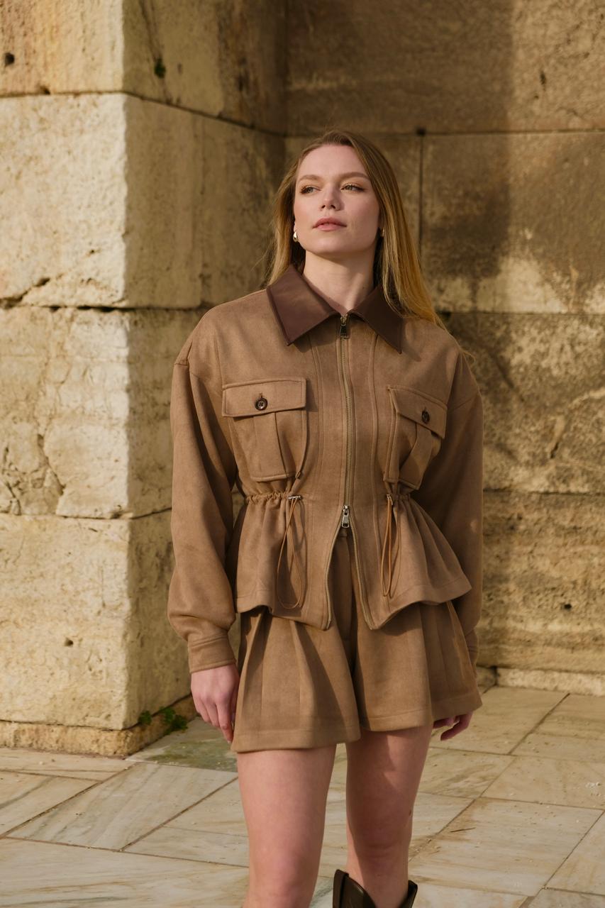 Suede Jacket with Leather Collar